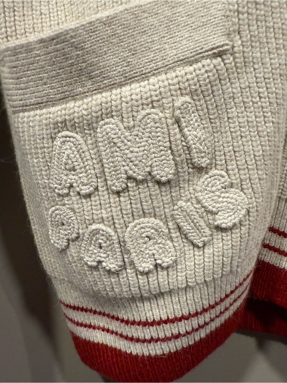 AMI Paris Cream Cardigan with Red Trim image 4